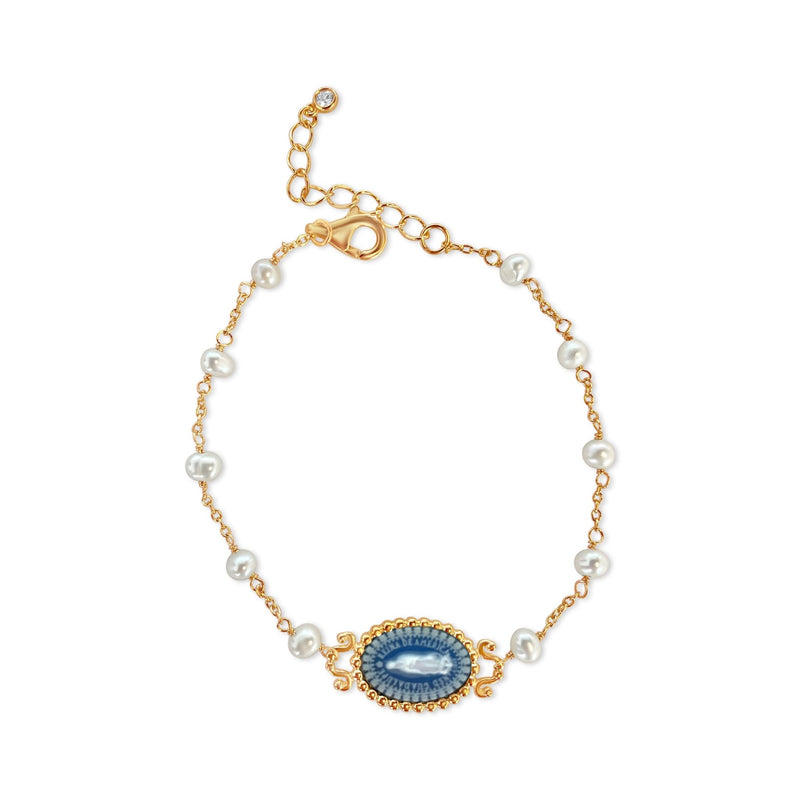 Gold Vermeil Blue Agate Virgen de Guadalupe Bracelet 6.5"+1" - Guadalupe Gifts