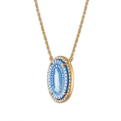 Gold Vermeil Blue Agate Virgen de Guadalupe Medalla Conmemorativa Halo 18" - Guadalupe Gifts