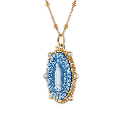 Gold Vermeil Blue Agate Virgen de Guadalupe Medalla Conmemorativa Reina 26" - Guadalupe Gifts