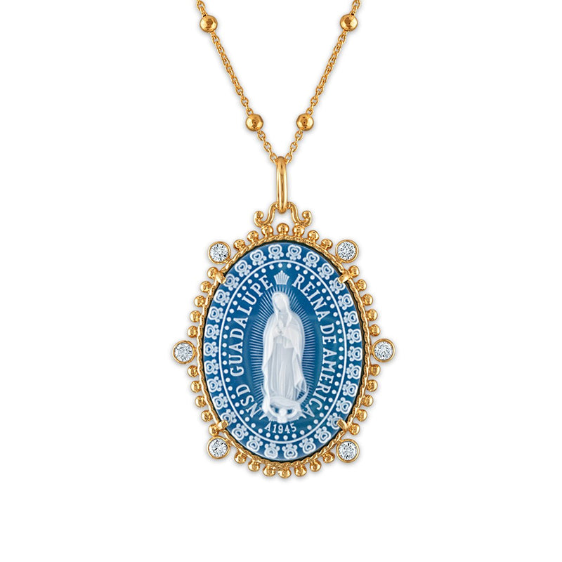 Gold Vermeil Blue Agate Virgen de Guadalupe Medalla Conmemorativa Reina 26" - Guadalupe Gifts