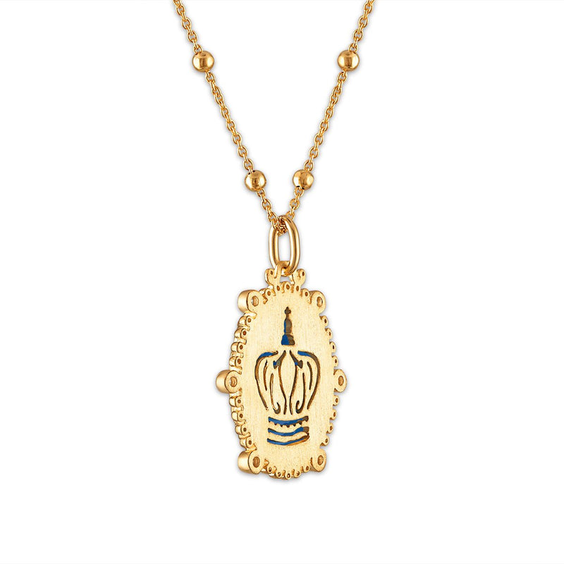 Gold Vermeil Blue Agate Virgen de Guadalupe Medalla Imperial Reina 18" - Guadalupe Gifts