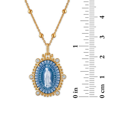 Gold Vermeil Blue Agate Virgen de Guadalupe Medalla Imperial Reina 18" - Guadalupe Gifts