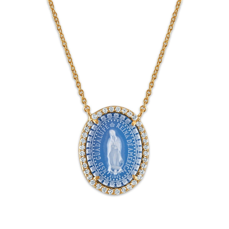 Gold Vermeil Blue Agate Virgen de Guadalupe Medalla Princesa 18" - Guadalupe Gifts