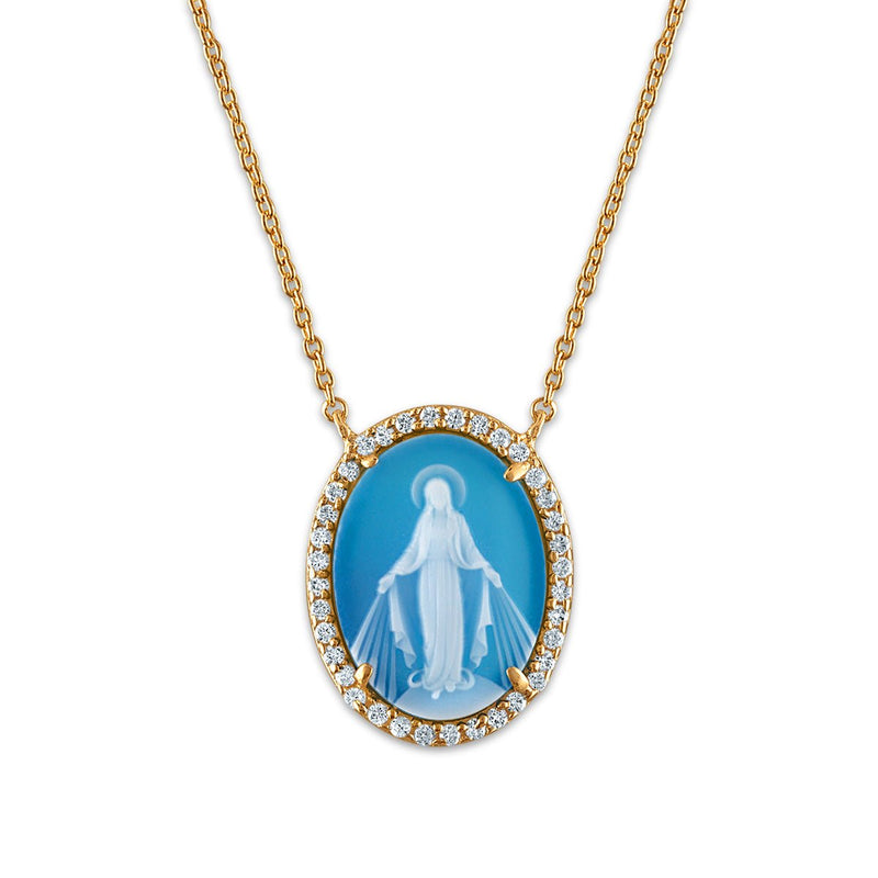 Gold Vermeil Blue Agate Virgen Milagrosa Conmemorativa Halo 18" - Guadalupe Gifts