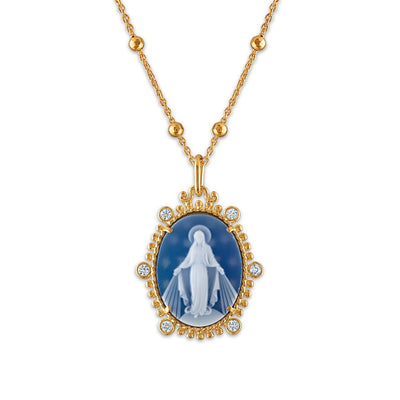 Gold Vermeil Blue Agate Virgen Milagrosa Medalla Imperial 18" - Guadalupe Gifts