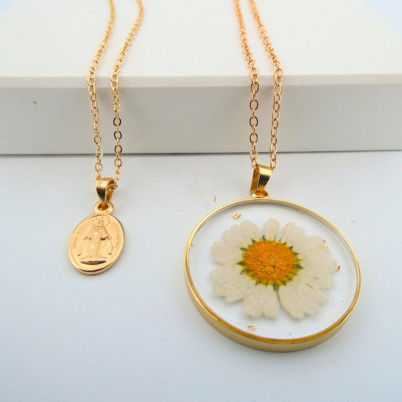 Gold Virgin Mary Necklace and Flowers Double Layer Necklace Set - Guadalupe Gifts