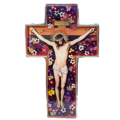 Grand Wall Crucifix w/ Pressed Flowers 11" - Guadalupe Gifts