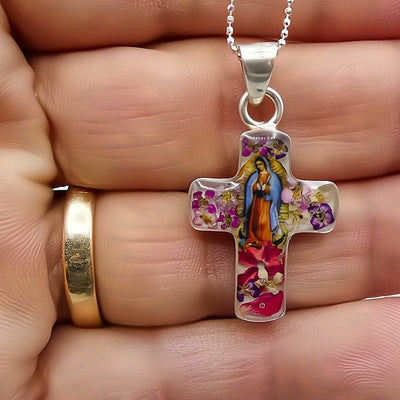 Guadalupe Cross Small Necklace w/ Pressed Flowers - Guadalupe Gifts