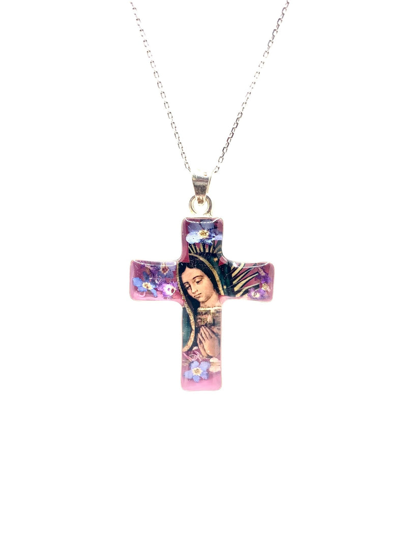 Guadalupe Medium Cross Necklace w/ Pressed Flowers - Guadalupe Gifts