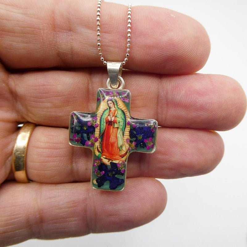 Guadalupe Thick Cross Necklace w/ Pressed Flowers - Guadalupe Gifts