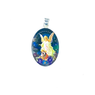 Guardian Angel Large Oval Pendant w/ Pressed Flowers - Guadalupe Gifts