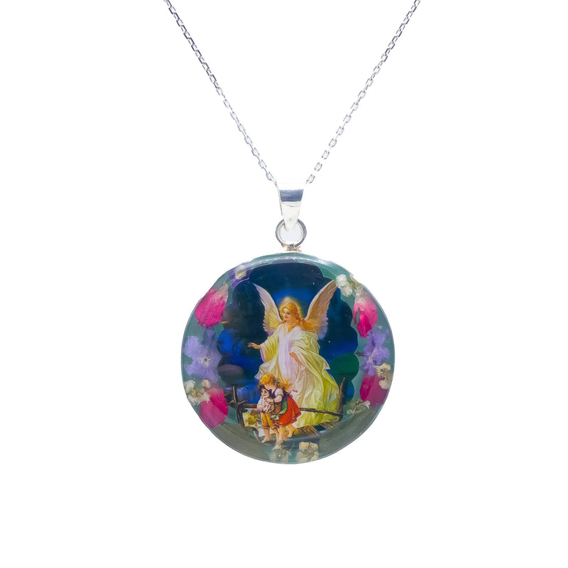 Guardian Angel Medium Round Pendant w/ Pressed Flowers - Guadalupe Gifts