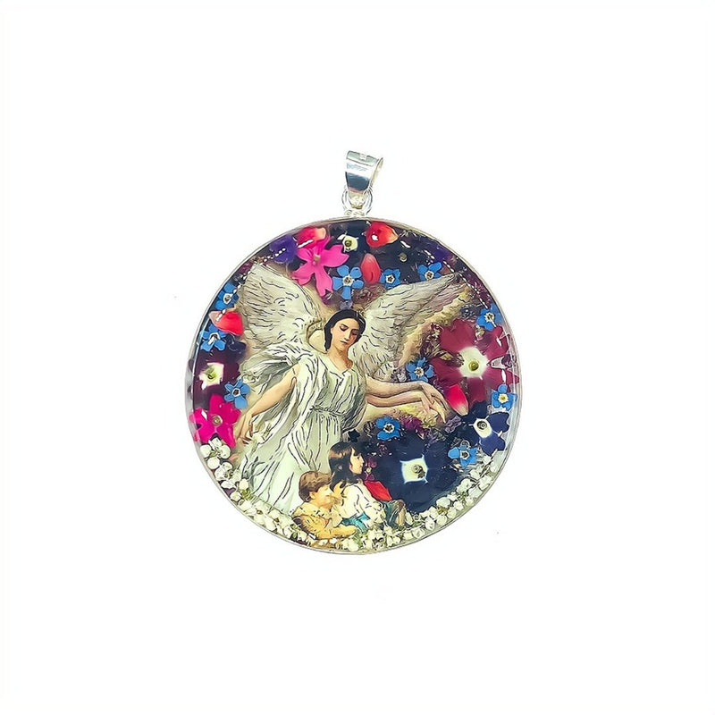 Guardian Angel Round Medallion w/ Pressed Flowers 2.4" x 2.4" - Guadalupe Gifts