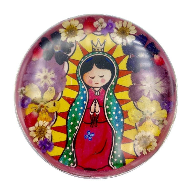 Handmade Pewter Baby Guadalupe Rosary Box with Delicate Flowers 2.9" x 1.5" x 2" - Guadalupe Gifts