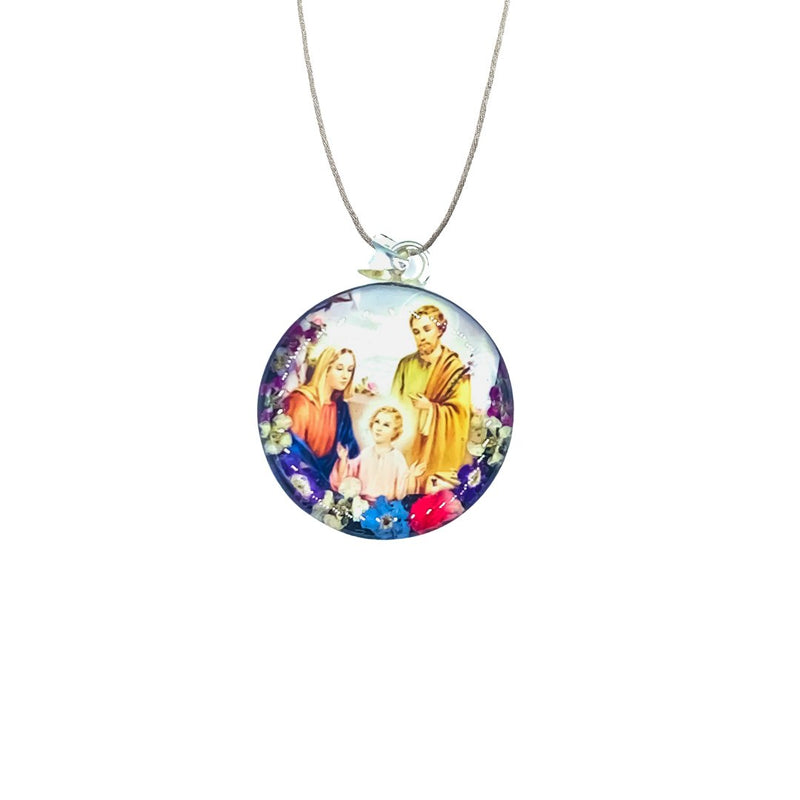 Holy Family Large Round Pendant w/ Pressed Flowers - Guadalupe Gifts