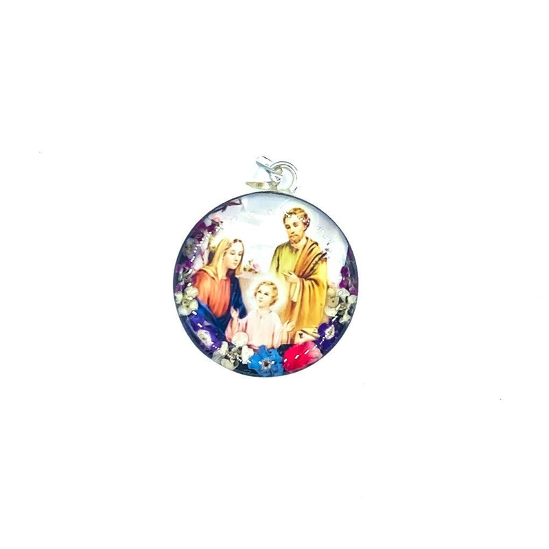 Holy Family Large Round Pendant w/ Pressed Flowers - Guadalupe Gifts