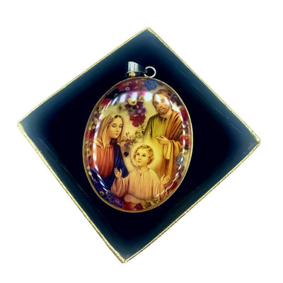 Holy Family Oval Medallion w/ Pressed Flowers 1.9" x 2.4" - Guadalupe Gifts