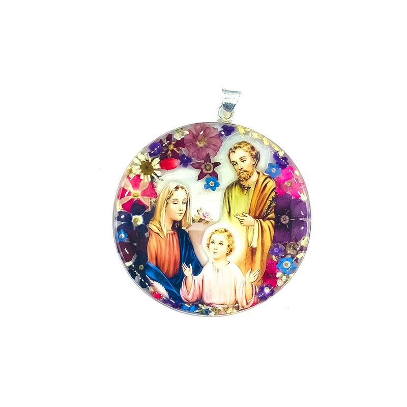 Holy Family Round Medallion w/ Pressed Flowers 2.4" x 2.4" - Guadalupe Gifts