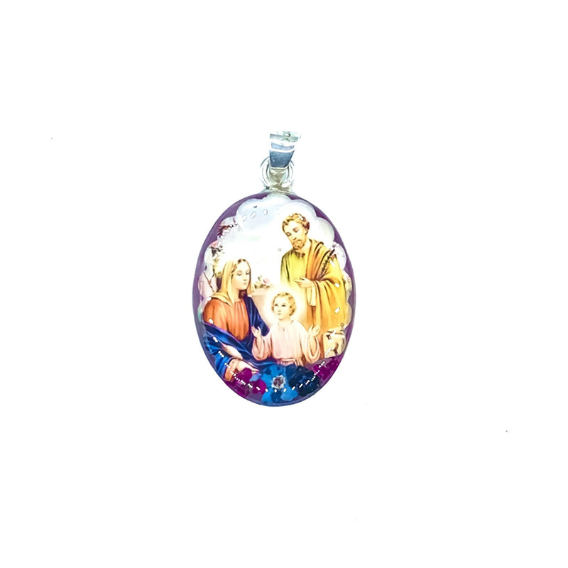 Holy Family Small Oval Pendant w/ Pressed Flowers - Guadalupe Gifts