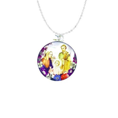 Holy Family Small Round Pendant w/ Pressed Flowers - Guadalupe Gifts