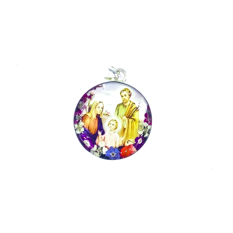Holy Family Small Round Pendant w/ Pressed Flowers - Guadalupe Gifts