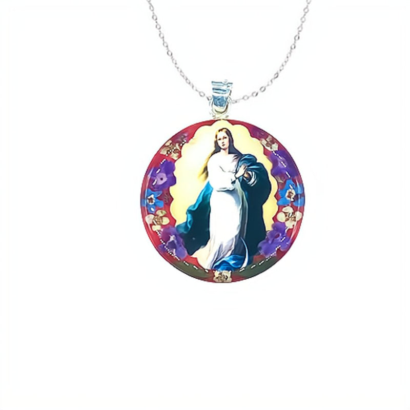 Immaculate Conception Large Round Pendant w/ Pressed Flowers - Guadalupe Gifts