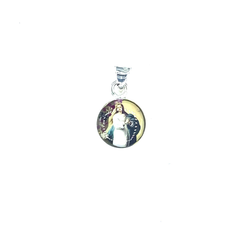 Immaculate Conception Mini Round Pendant w/ Pressed Flowers - Guadalupe Gifts