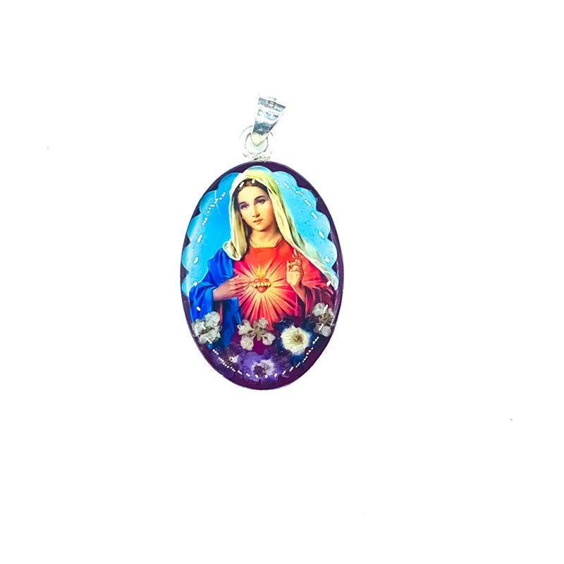 Immaculate Heart of Mary Medium Oval Pendant w/ Pressed Flowers - Guadalupe Gifts