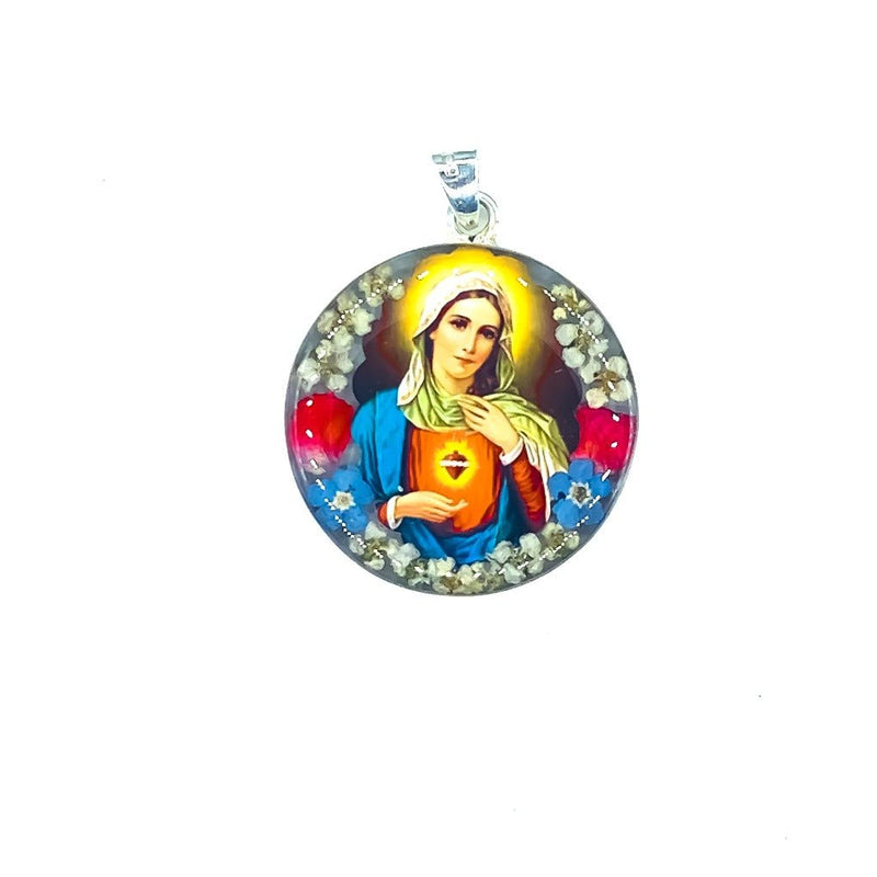 Immaculate Heart of Mary Medium Round Pendant w/ Pressed Flowers - Guadalupe Gifts