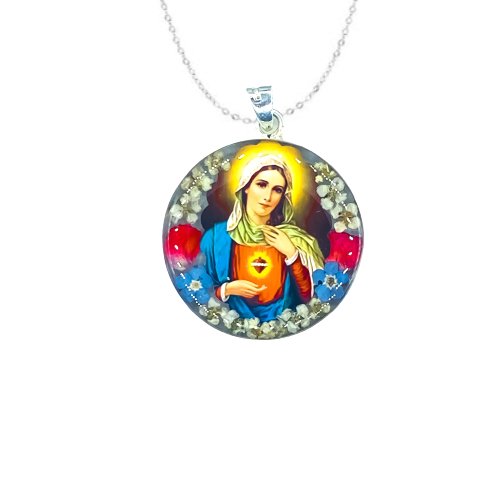 Immaculate Heart of Mary Medium Round Pendant w/ Pressed Flowers - Guadalupe Gifts