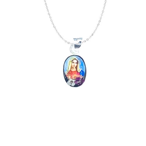 Immaculate Heart of Mary Mini Oval Pendant w/ Pressed Flowers - Guadalupe Gifts