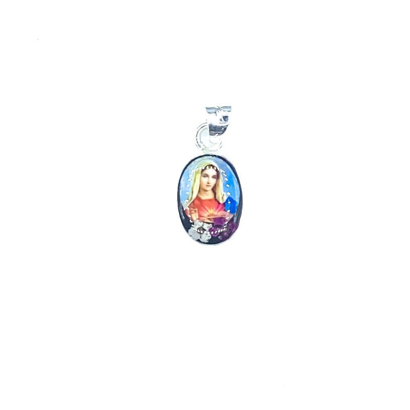Immaculate Heart of Mary Mini Oval Pendant w/ Pressed Flowers - Guadalupe Gifts