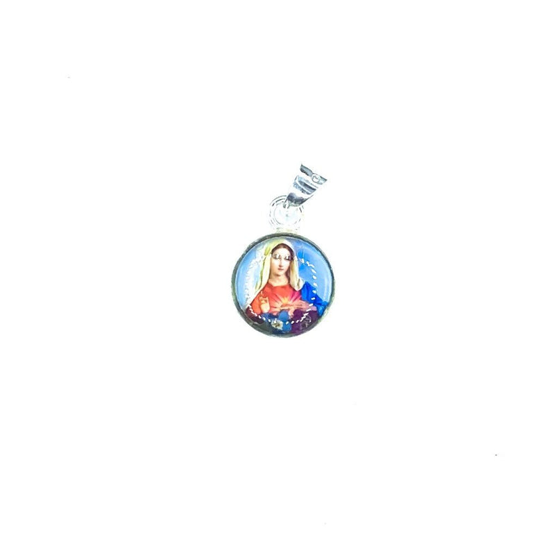 Immaculate Heart of Mary Mini Round Pendant w/ Pressed Flowers - Guadalupe Gifts