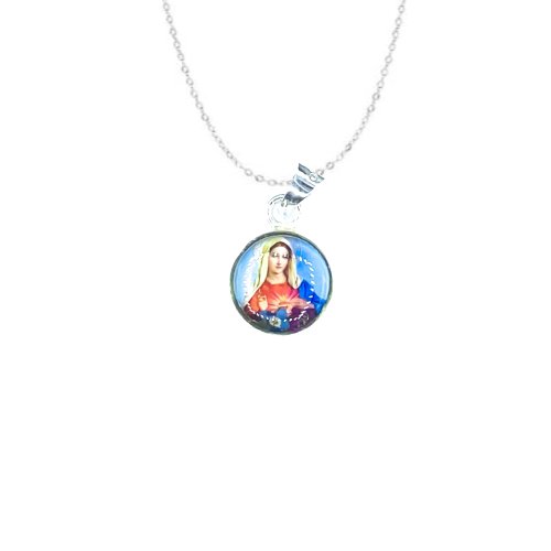 Immaculate Heart of Mary Mini Round Pendant w/ Pressed Flowers - Guadalupe Gifts