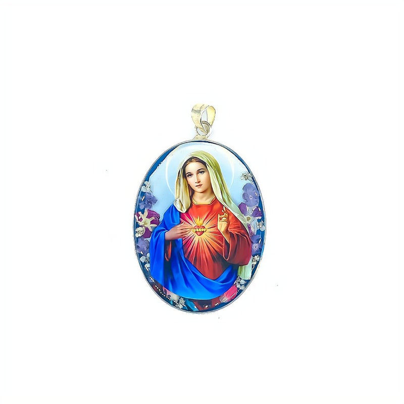 Immaculate Heart of Mary Oval Medallion w/ Pressed Flowers 1.9" x 2.4" - Guadalupe Gifts