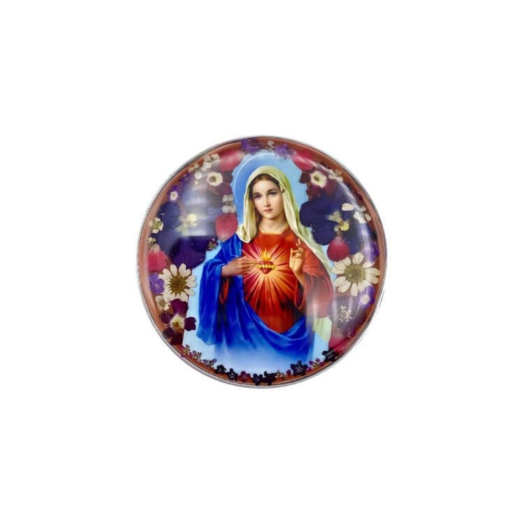 Immaculate Heart of Mary Rosary Box w/ Pressed Flowers 2.9" x 1.5" x 2" - Guadalupe Gifts