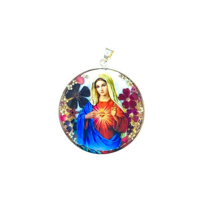 Immaculate Heart of Mary Round Medallion w/ Pressed Flowers 2.4" x 2.4" - Guadalupe Gifts