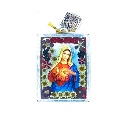 Immaculate Heart of Mary Wall Frame w/ Pressed Flowers 4.5" x 3.25" - Guadalupe Gifts
