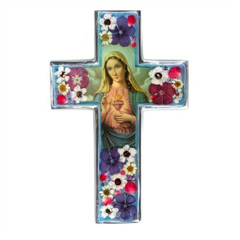 Immaculate Heart Pressed Flowers Wall Cross - 6.5" - Guadalupe Gifts