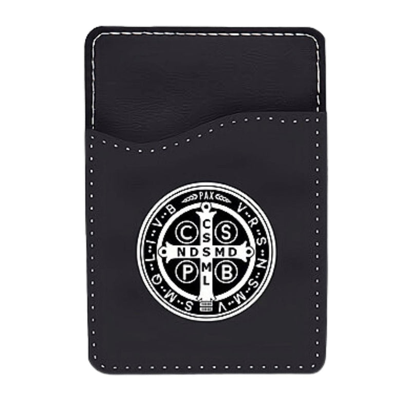 Leather Phone Case Card Holder with St Benedict Cross 3.8" x 2.7" - Guadalupe Gifts
