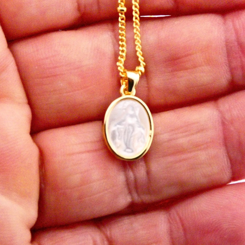 Mother of Pearl Our Lady of Grace Necklace With Beaded Chain - Guadalupe Gifts