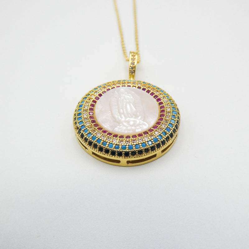 Mother of Pearl Radiant Gold-Plated Guadalupe Round Pendant Necklace - Guadalupe Gifts