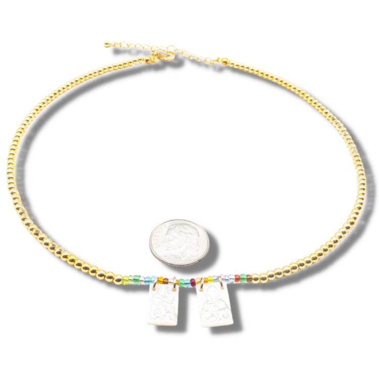 Mother of Pearl Scapular Pendants on Gold-Plated Beaded Choker Necklace - Guadalupe Gifts