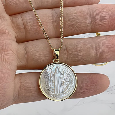 Mother of Pearl St Benedict Medal Necklace - Guadalupe Gifts