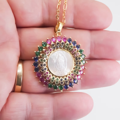 Multicolor Gold-Plated Guadalupe Necklace with Mother of Pearl - Guadalupe Gifts
