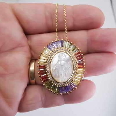 Multicolor Gold-Plated Our Lady of Grace Necklace with Mother of Pearl - Guadalupe Gifts