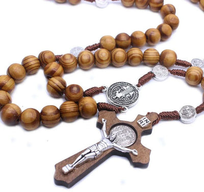 Natural Wood St Benedict Medal Rosary - Guadalupe Gifts
