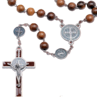Natural Wood Stainless Steel St Benedict Medal Rosary - Guadalupe Gifts