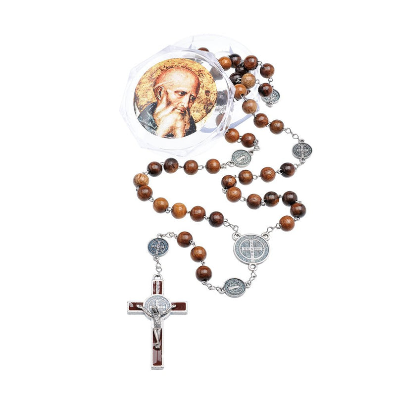 Natural Wood Stainless Steel St Benedict Medal Rosary - Guadalupe Gifts
