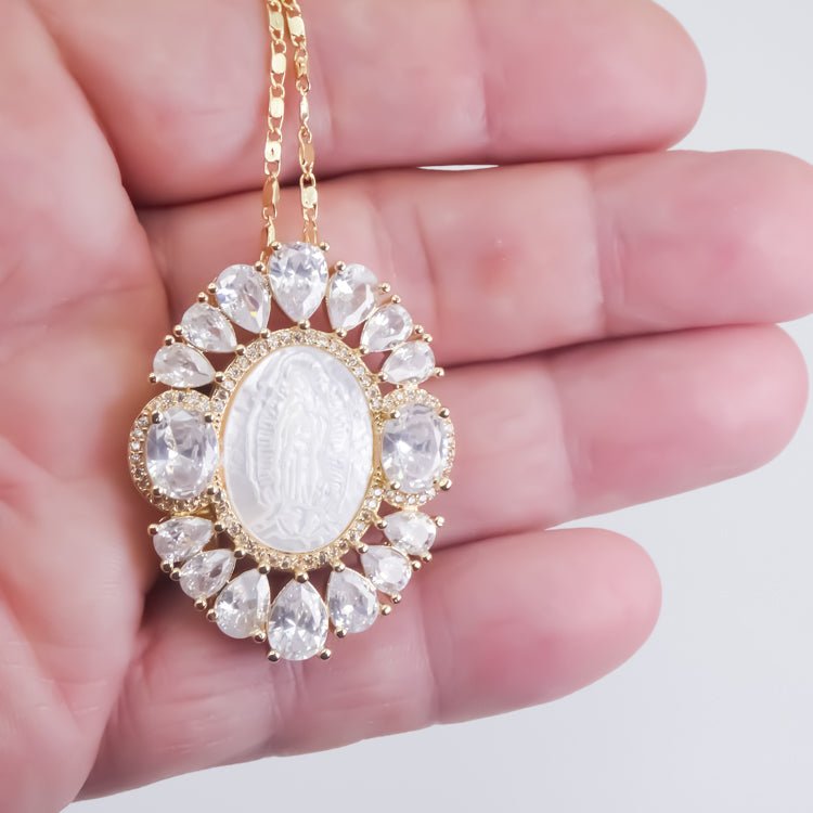 Ornate Gold-Plated Guadalupe Necklace with Mother of Pearl - Guadalupe Gifts